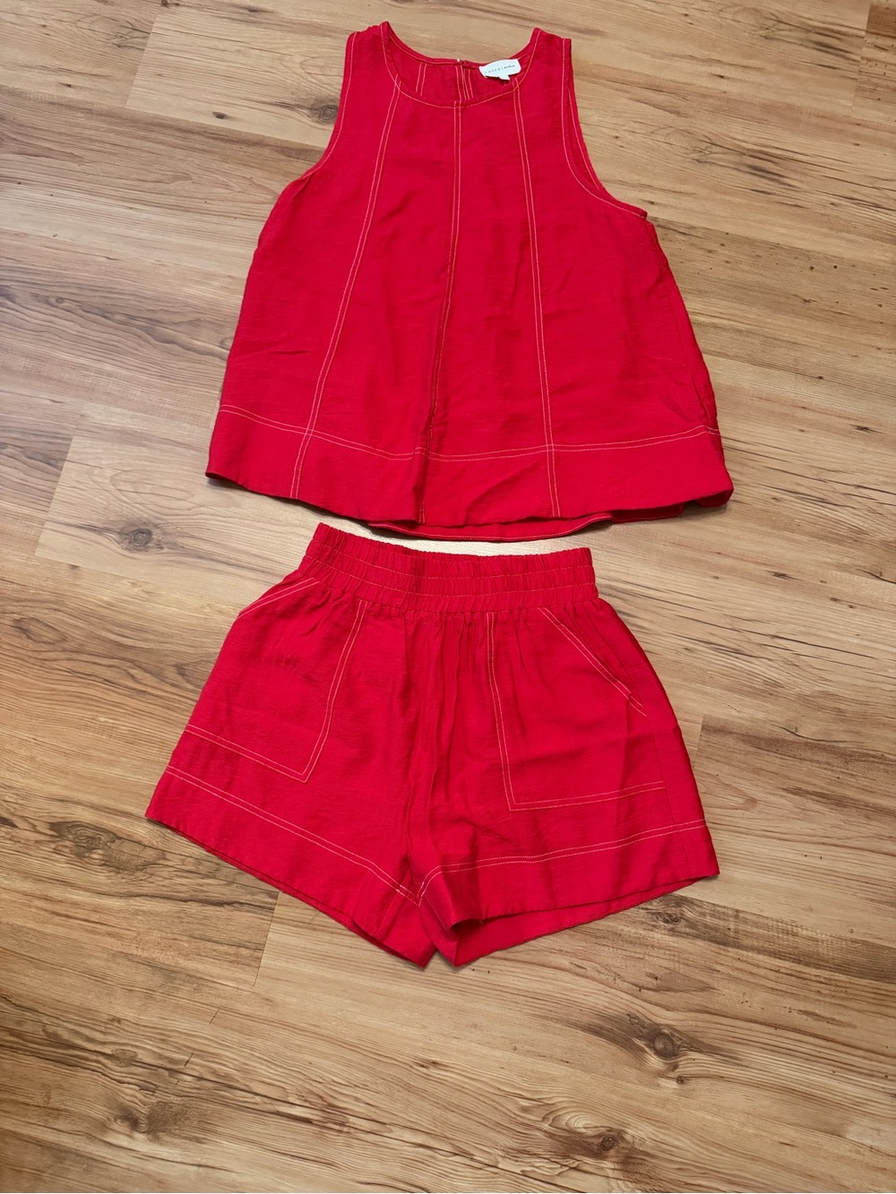 Red Elastic-Waist Casual Shorts with Contrast Stitching and Matching Top set.